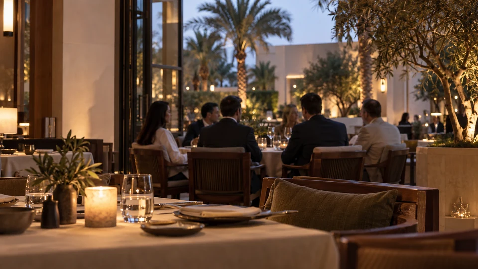 Illustrative client dinner at dusk, with warmly lit tables and a Dubai courtyard backdrop.